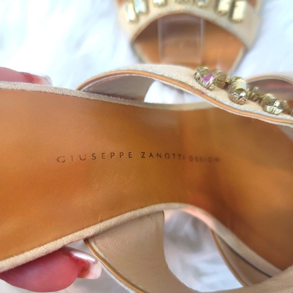 GIUSEPPE ZANOTTI Tan Leather Strappy Sandals w Crystal Embellished Italian 7.5 - Picture 12 of 16